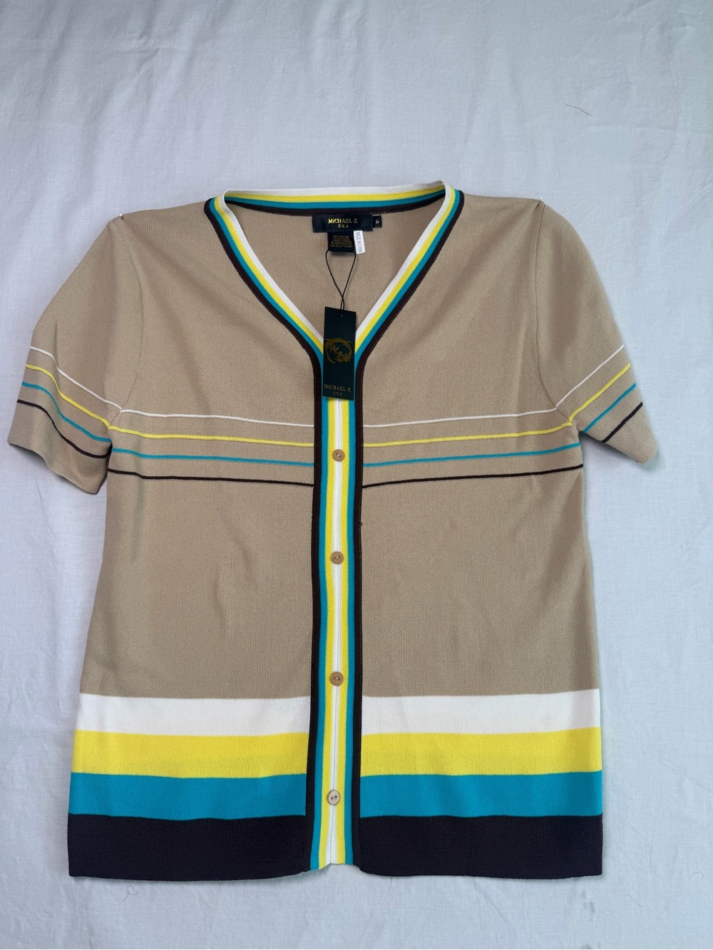 Michael K Taupe Short Sleeve Button Cardigan with Stripes